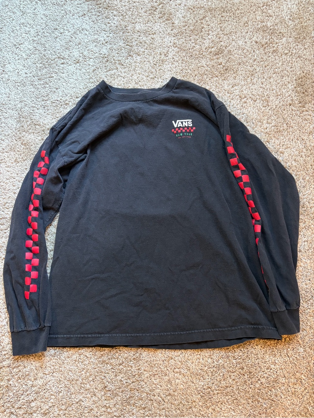 Vans Black Long Sleeve Tee with Red Checkerboard Sleeve Stripes